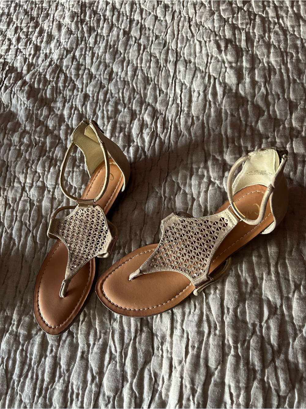 Carlos by Carlos Santana Metallic Taupe Laser-Cut T-Strap Sandals